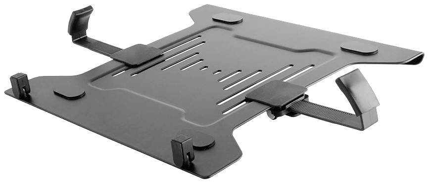 Egy fekete fém laptoptartó állvány állítható oldalsó és alsó csipeszekkel.