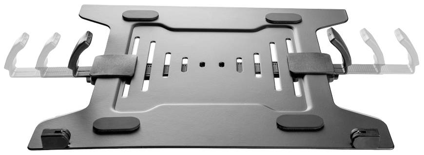 Egy fekete, állítható laptop-tartó átlátszó oldalsó fogantyúkkal és csúszásmentes gumi betétekkel.