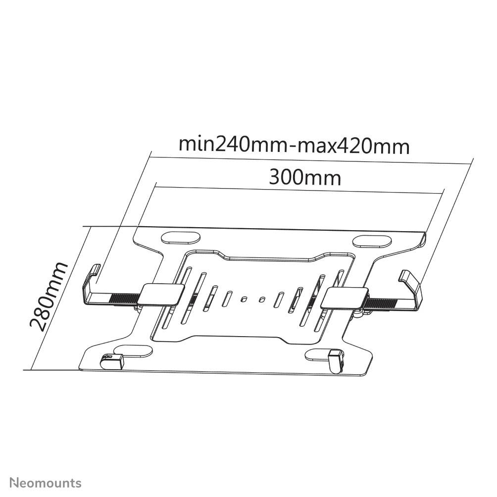 Egy tartó rajza állítható szorítókkal, amely alkalmas 240 mm és 420 mm közötti szélességű és 280 mm magasságú eszközökhöz.