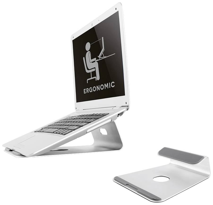 Egy fehér laptop egy ergonomikus állványon, amely a képernyőt szemmagasságba emeli. Mellette áll az üres állvány.