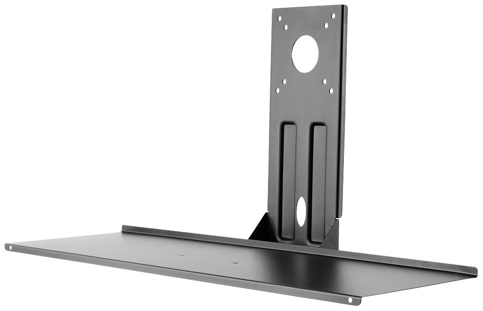 Fekete, falra szerelhető polc téglalap alakú fémlappal és függőleges tartóval, elektronikai eszközök tárolására alkalmas.