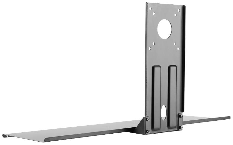 Fém TV-fali tartó, amely egy széles vízszintes lemezből és egy lyuggatott, függőleges rögzítőlemezből áll.