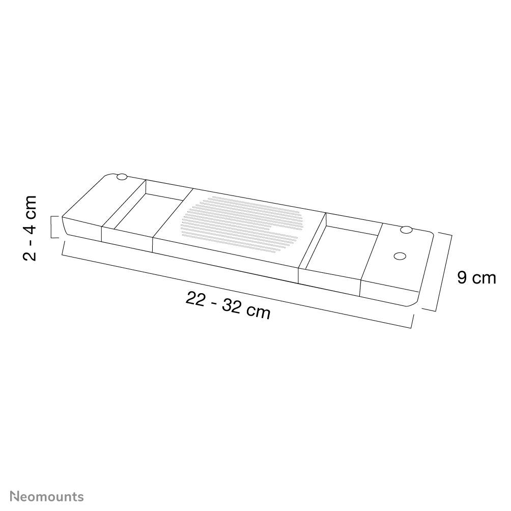 Egy állítható monitorállvány rajza a következő méretekkel: szélesség 22-32 cm, magasság 9 cm, mélység 2-4 cm.