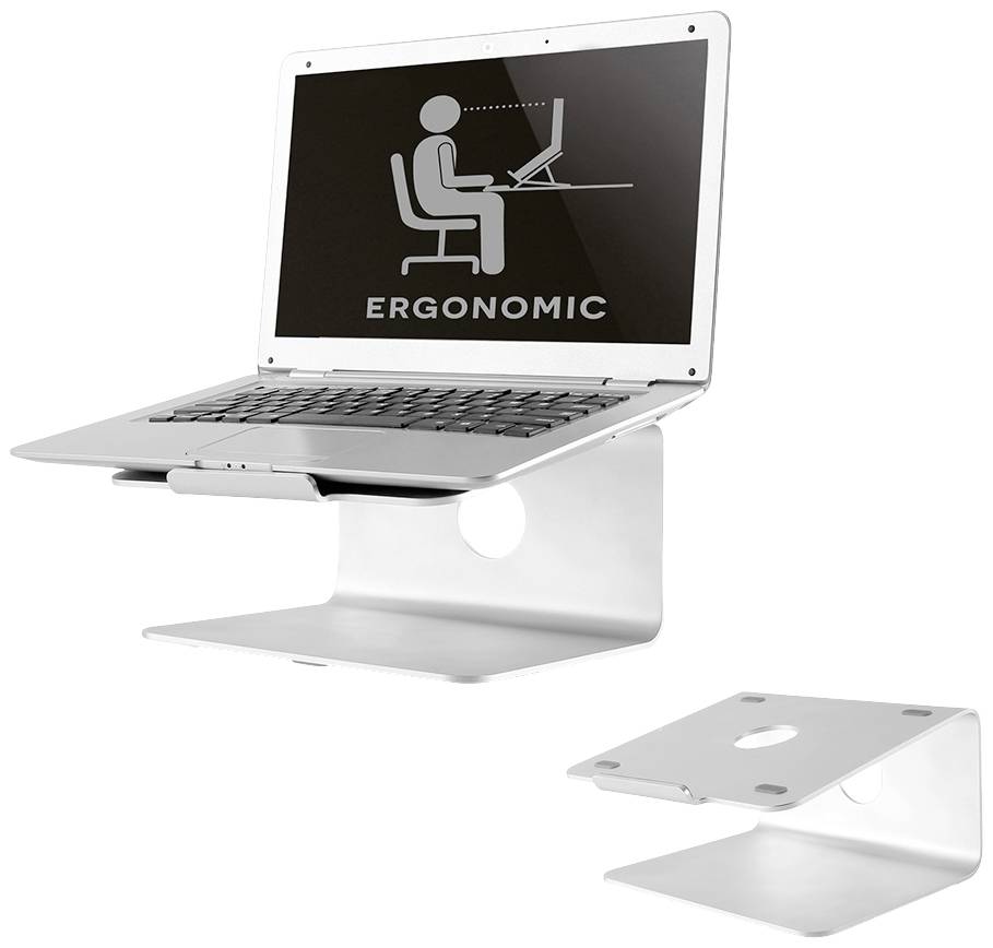 Egy laptop egy ezüst állványon fekszik. A képernyőn egy piktogram látható, amely egy személyt ábrázol, aki ergonomikus módon ül a számítógép előtt.