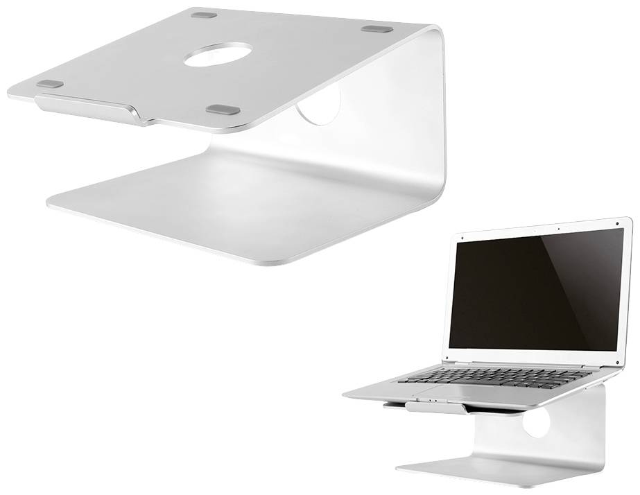 Egy ezüstszínű, fémből készült laptop-állvány, amely ergonomikus kialakítással segíti a laptopnál történő optimális munkavégzést.