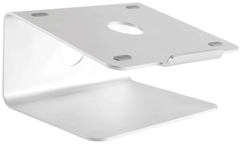 Egy fémből készült, ezüstszínű laptoptartó állvány ferde kialakítással és csúszásmentes talpakkal, amely ergonomikus elhelyezést biztosít a laptopnak.