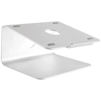 Egy fémből készült, ezüstszínű laptoptartó állvány ferde kialakítással és csúszásmentes talpakkal, amely ergonomikus elhelyezést biztosít a laptopnak.
