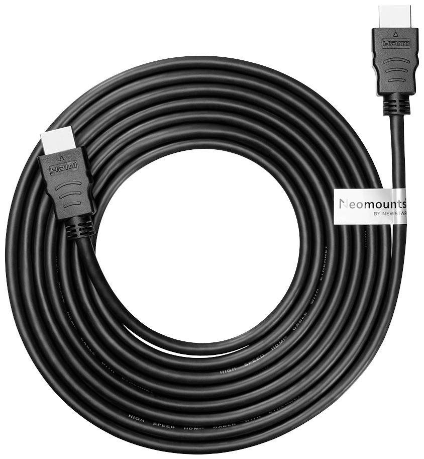 Egy fekete HDMI-kábel a Neomountstól, két csatlakozóval, feltekerve és használatra készen, eszközök csatlakoztatásához.