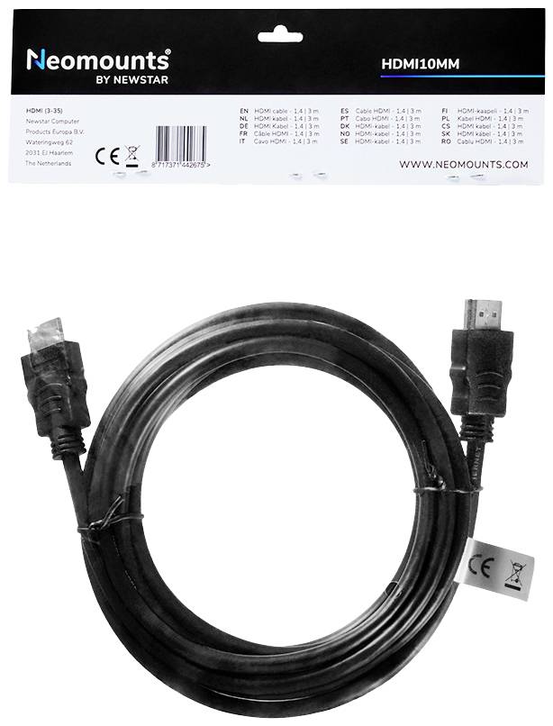 Egy 10 méteres Neomounts HDMI-kábel, típusszáma HDMI10MM, amelyen látható a kábel csatlakozóval és a csomagolási címkén lévő műszaki részletekkel.