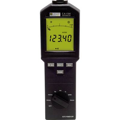 Digitális kijelzővel rendelkező kézi fordulatmérő '123,40 m/min' értéket mutat. Tartalmaz gombokat a minimum/maximum érték, mentés, méréshatár és fordulatszám-választás funkcióhoz.