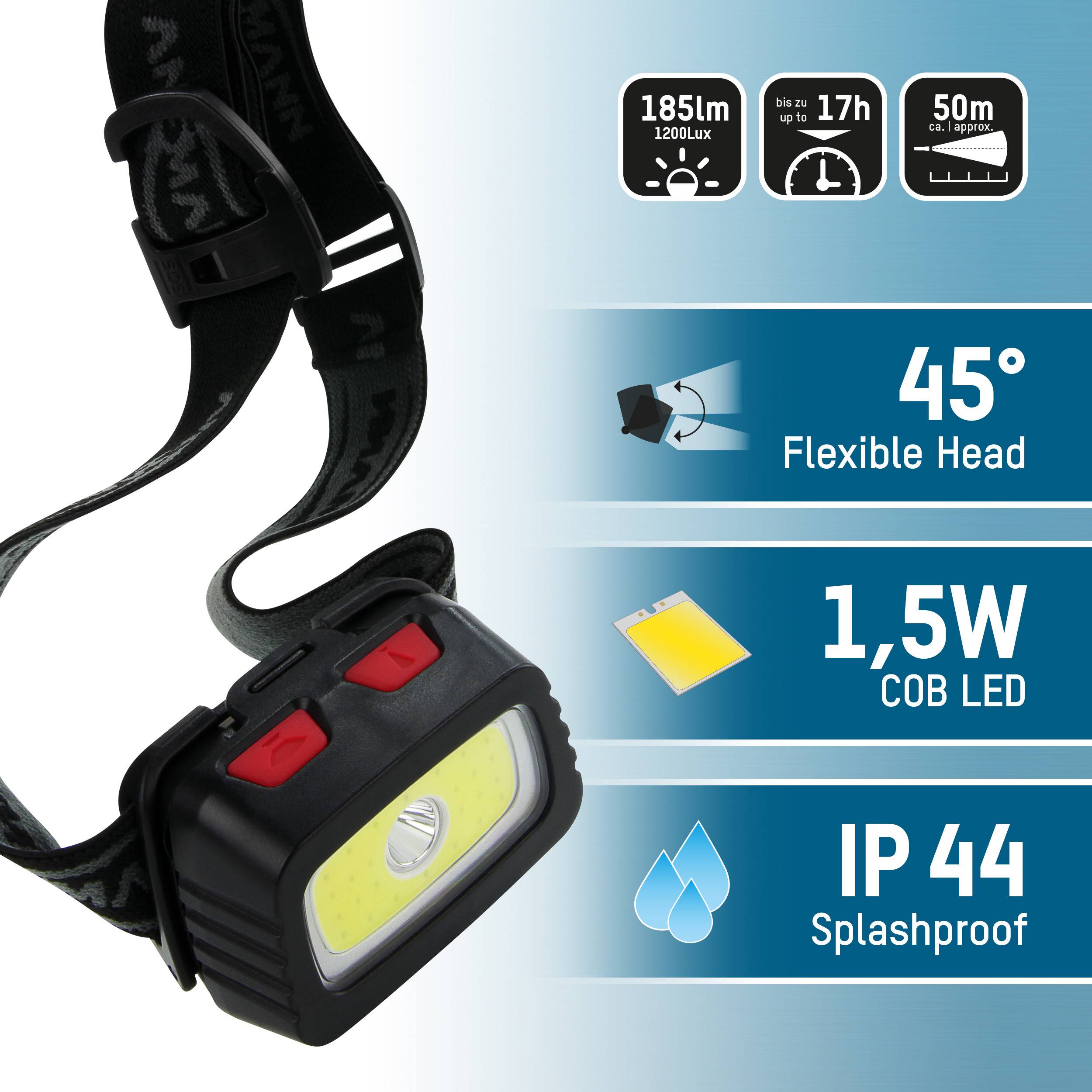 Állítható fejpánt és két gombbal ellátott fejlámpa, funkciói: 185 lumen, 17 óra üzemidő, 45°-ban dönthető, 1,5W COB LED, IP44 fröccsenővíz-védett.