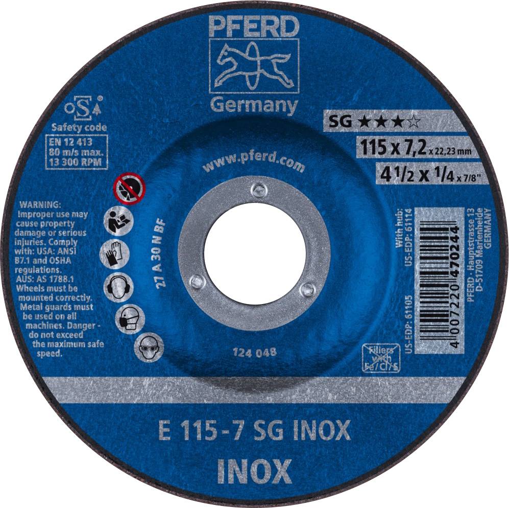 PFERD TOOLS 62211623 Sg Inox Nagyolótárcsa, hajlított Ø 115 mm Furat átmérő 22.23 mm 10 db