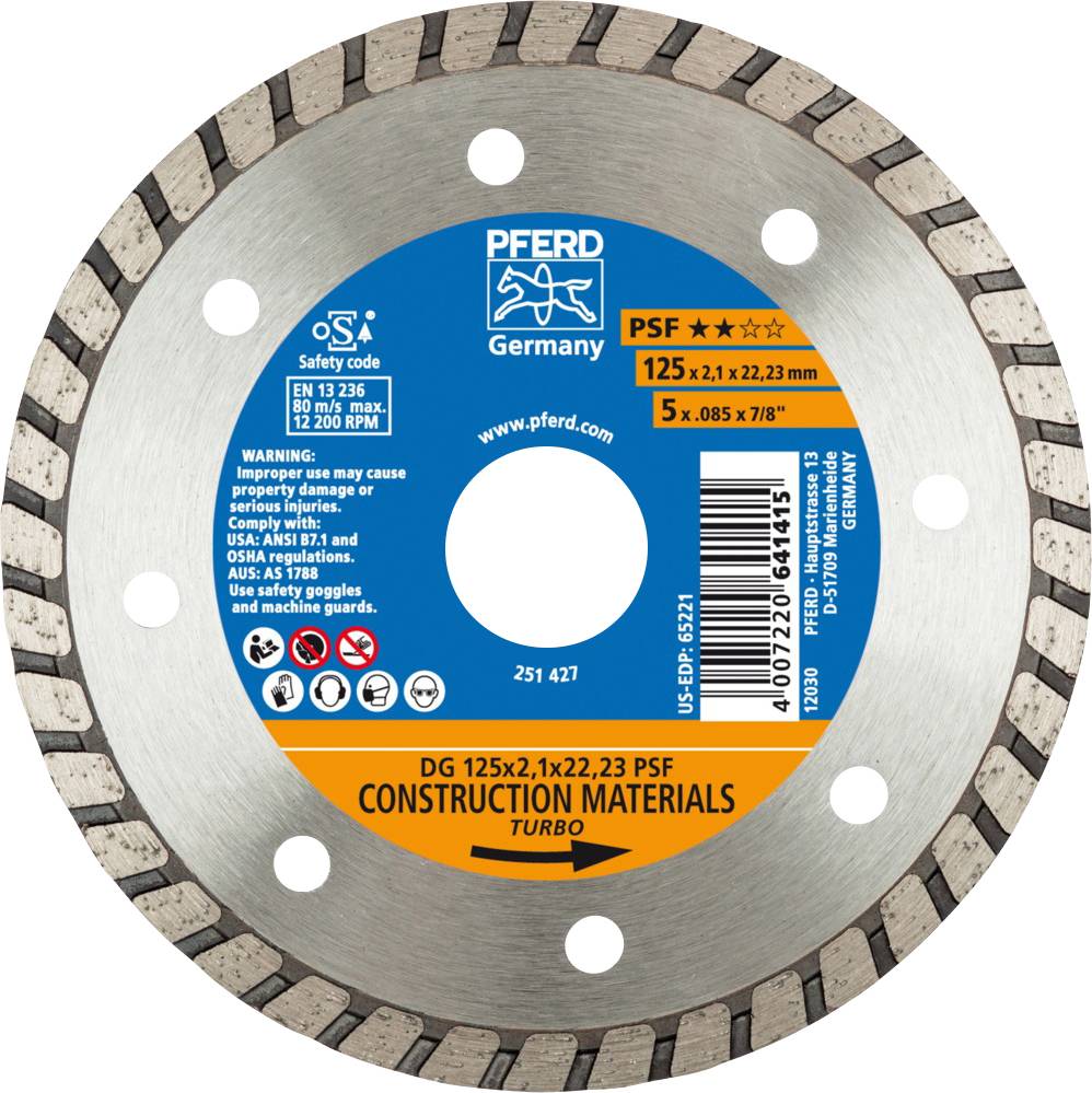 PFERD TOOLS 68012222 Dg Psf Gyémánt bevonatú vágótárcsa Ø 125 mm Furat átmérő 22.23 mm 1 db