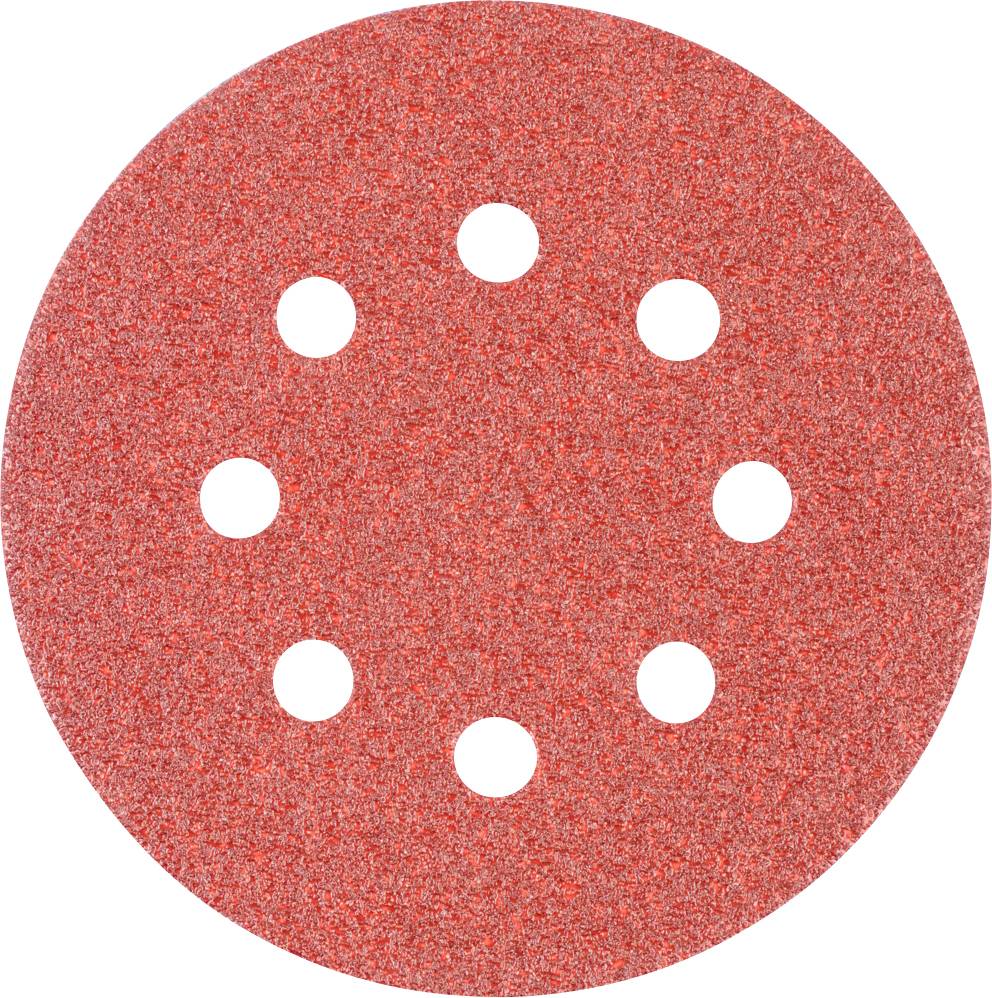 Piros csiszolópapír körlap nyolc lyukkal az optimális porelszívás érdekében. Alkalmas csiszolási munkálatokhoz fán és fémen egyaránt.