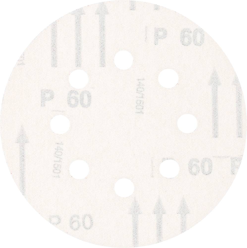 Csiszolókorong kerek formában, nyolc lyukkal, 'P 60' felirattal és nyilakkal, amelyek a csiszolás irányát jelzik.