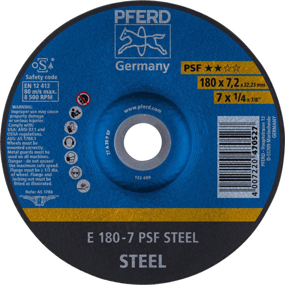 PFERD TOOLS 62017634 Psf Steel Nagyolótárcsa, hajlított Ø 180 mm Furat átmérő 22.23 mm 10 db