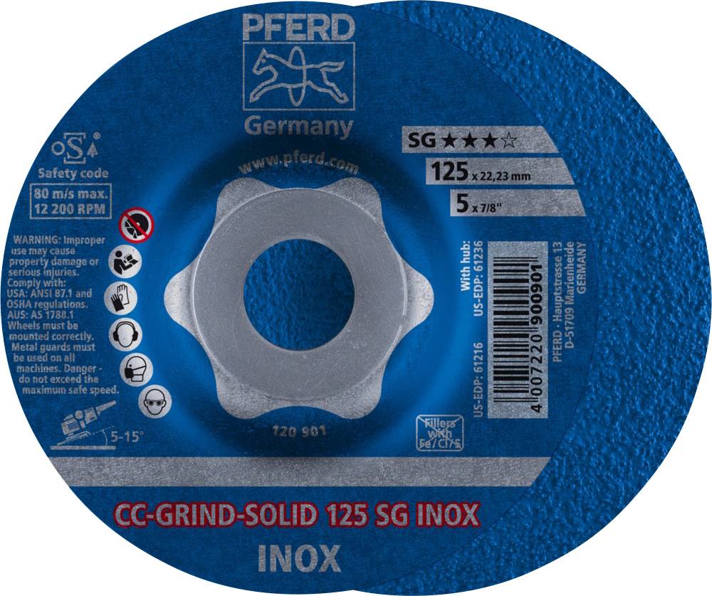 PFERD TOOLS 64186125 Cc-Grind-Solid Sg Inox Nagyolótárcsa, hajlított Ø 125 mm Furat átmérő 22.23 mm 10 db