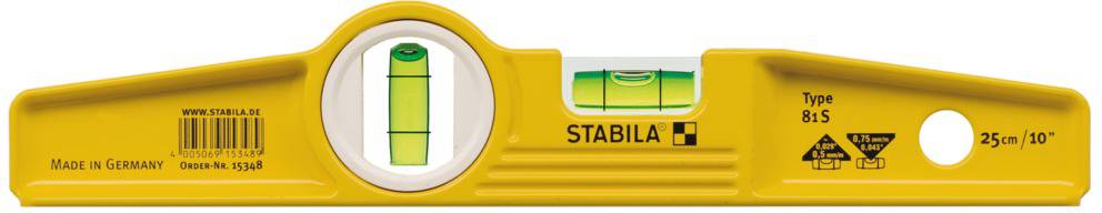 Sárga műanyag vízmérték, STABILA Type 81 S modell, két libellával vízszintes és függőleges szintezéshez. 25 cm hosszú.