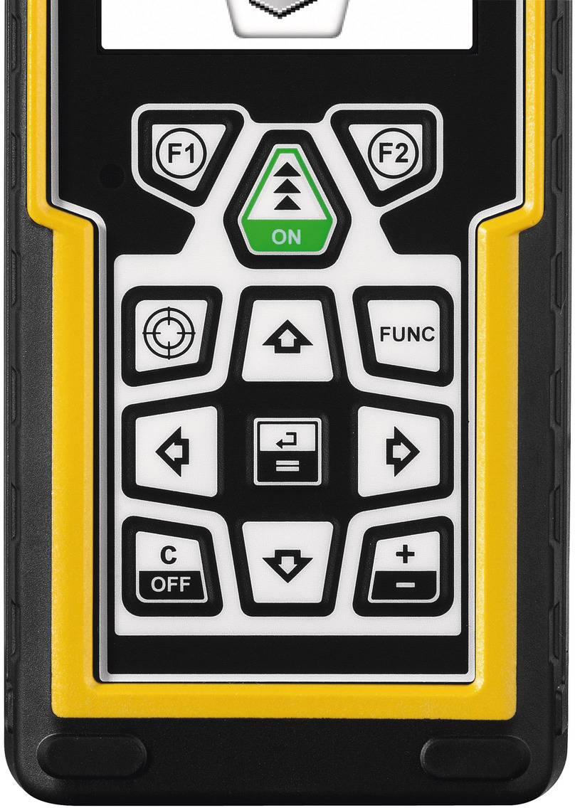 Egy távirányító közeli felvétele, amelyen több gomb és nyíl látható, köztük az F1, F2, On, Funkció és irányítógombok.