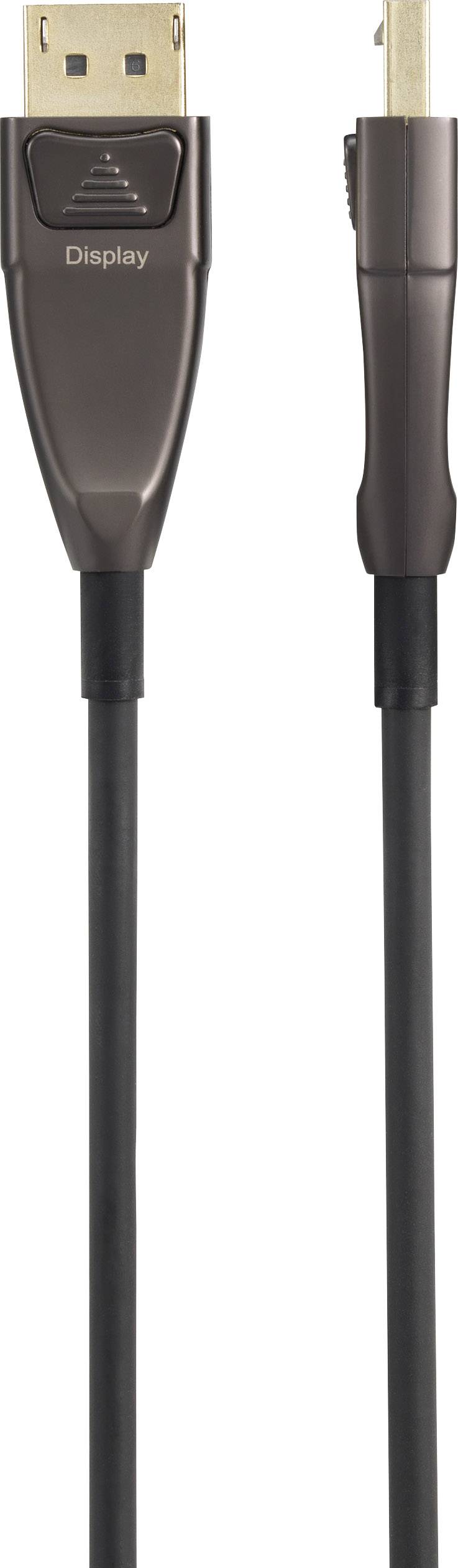 Egy barna DisplayPort-kábel két csatlakozóval, az egyik felül, a másik balra irányítva.