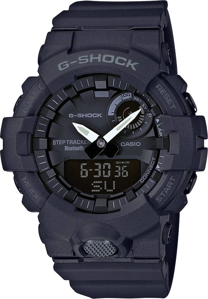 Fekete G-Shock óra analóg-digitális számlappal, robusztus kialakítással, Bluetooth-funkcióval és lépésszámlálóval.