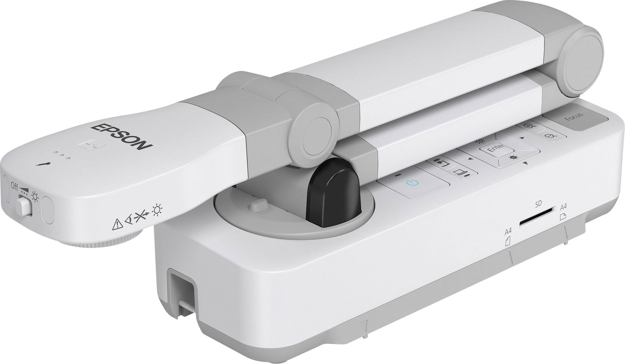 Egy fehér és szürke, hordozható Epson projektor különböző csatlakozási lehetőségekkel. Tökéletes útközbeni prezentációkhoz.