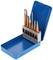 Egy nyitott kék fémdobozban elhelyezett hat narancssárga véső és lyukasztó, rendszerezve egy világosszürke tartóban.