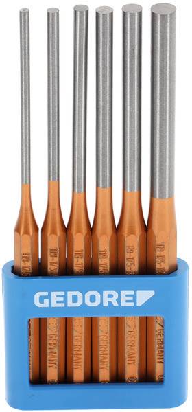 Hat darabos, narancssárga csavarhúzó ezüst hegyekkel egy kék tartóban, amelyen a 'GEDORE' felirat szerepel.