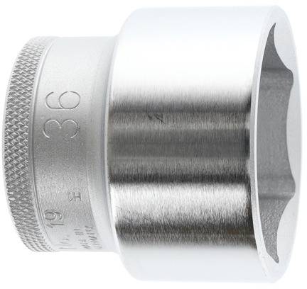 Közelkép egy 36 mm-es ezüstös hatszögletű dugókulcsról, hengeres alakban, bordázott markolattal, mechanikai alkalmazásokra alkalmas.