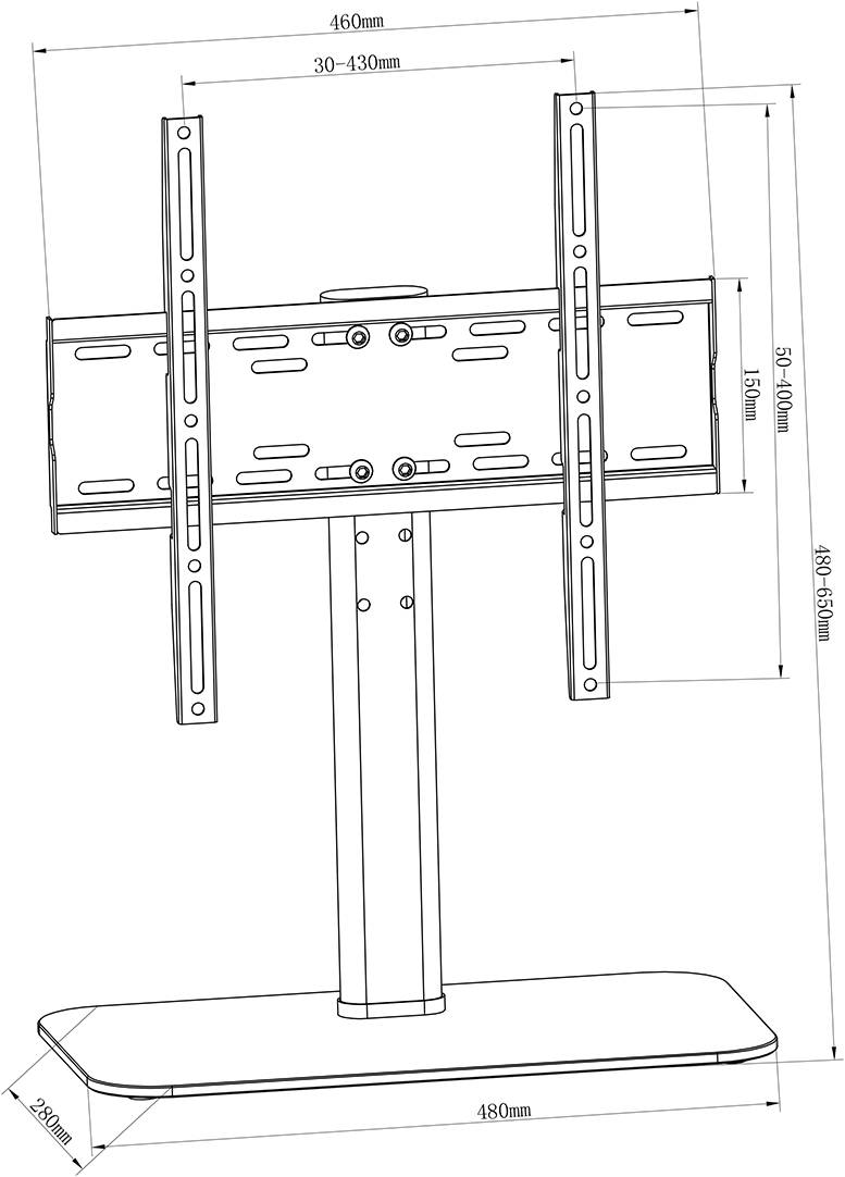 Egy televíziótartó vázlata méretekkel: magasság 500-715 mm, szélesség 460 mm. Talapzat hossza 480 mm, talapzat szélessége 280 mm. Állítható TV-tartó.