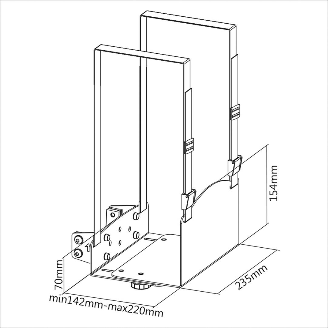 Műszaki rajz egy tartóról méretekkel: 70 mm szélesség, 154 mm magasság, 235 mm mélység, 142 mm-től 220 mm-ig állítható.
