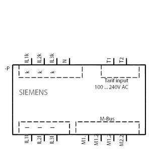 A diagram bemutatja egy Siemens eszköz csatlakozóit díjtarifa bevitelhez, amely 100-240V AC feszültséggel, M-Bus kommunikációval, valamint bemeneti és kimeneti csatlakozókkal rendelkezik.