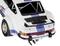 Egy fehér Porsche 911 RSR modellautó Martini Racing csíkokkal és széles hátsó szárnnyal, hátulról fotózva.
