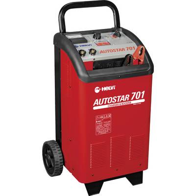 HELVI AUTOSTAR 701 piros akkumulátortöltő két keréken, felső kezelőpanellel, akkumulátorok töltésére és indítására alkalmas.