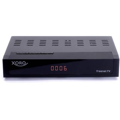 Egy fekete Xoro DVB-T2 vevőkészülék digitális csatoraszámkijelzővel, amely a '0006' csatornát mutatja. A jobb oldalán 'freenet TV' jelölés látható.