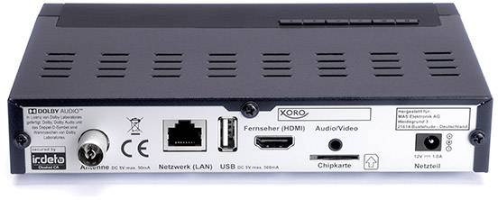 Egy DVB-S2-vevő hátoldala csatlakozókkal: HDMI, LAN, USB, Audio/Video, tápegység. Márkanév és gyártó nyomtatva.