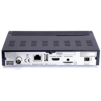 Egy DVB-S2-vevő hátoldala csatlakozókkal: HDMI, LAN, USB, Audio/Video, tápegység. Márkanév és gyártó nyomtatva.