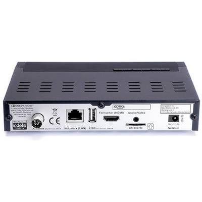 Egy digitális TV-dekóder hátulnézete, csatlakozókkal az Audio/Video, HDMI, hálózat (LAN), USB, antenna és tápegység számára.