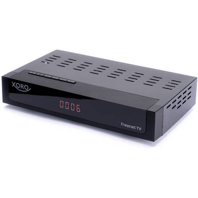 Egy fekete DVB-T2 vevőkészülék digitális '0006' kijelzővel az elején, Xoro márka, szellőzőnyílásokkal a tetején.