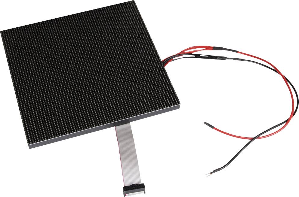 LED-panel fekete felülettel, piros és fekete kábelekkel jobbra, valamint egy szürke szalagkábellel alul.