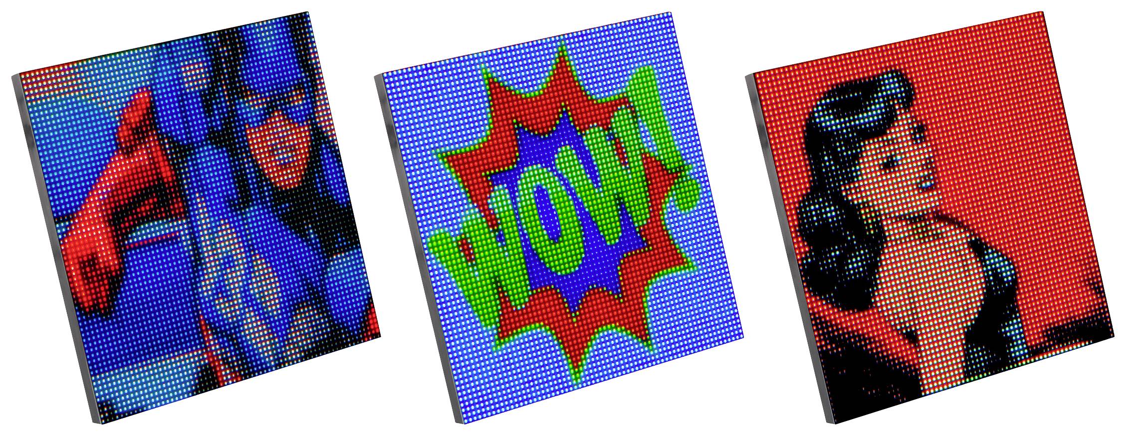 'Három pop-art kép: Balra egy szuperhős, középen egy képregényes hangeffektus 'BUMM!', jobbra egy nő retró stílusban.'
