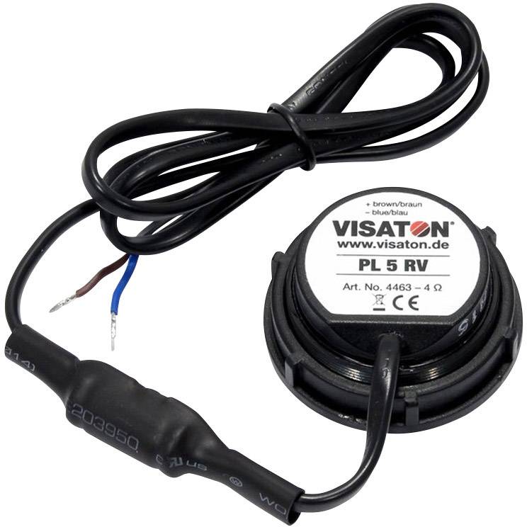 Visaton hangszóró PL 5 RV modellszámmal, fekete kábellel csatlakoztatva. Audioalkalmazásokhoz alkalmas, 4 ohm impedanciájú.