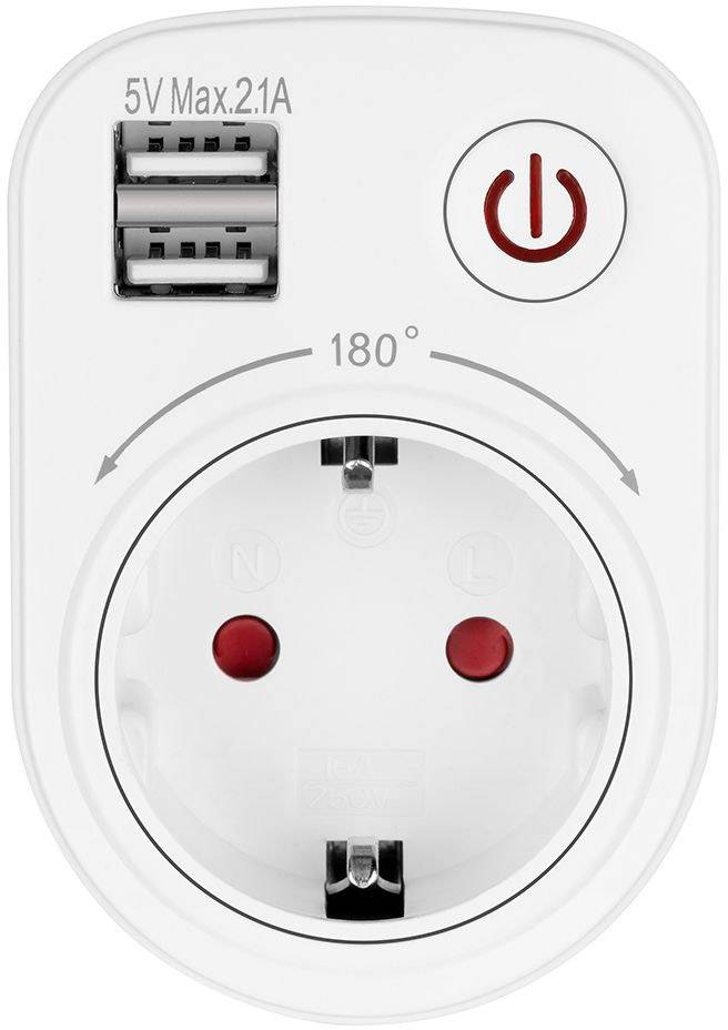 Egy fehér elosztó két USB-csatlakozóval és hálózati kapcsolóval. A csatlakozók felett '5V Max. 2.1A' jelölés látható.