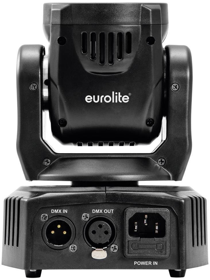 Eurolite Moving Head lámpa, fekete házzal, a hátoldalán a következő csatlakozókkal: DMX BE, DMX KI és Tápellátás BE.