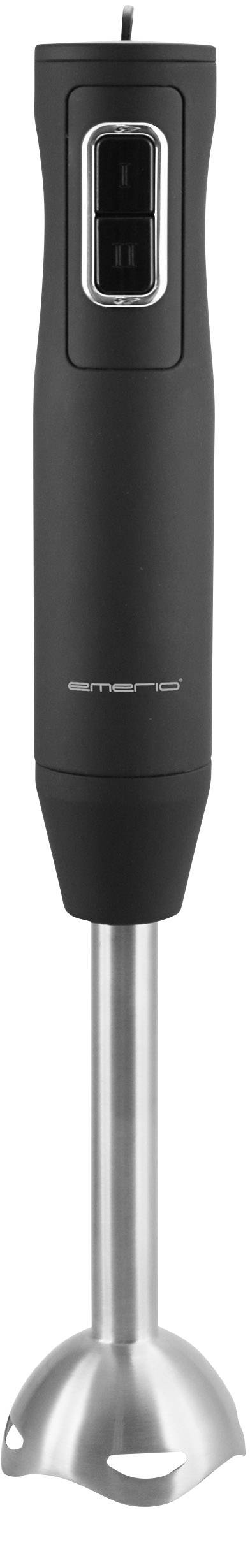 Egy fekete botmixer rozsdamentes acél talppal és két gombbal az elején, amely alkalmas ételek elkészítéséhez.