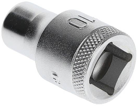 Fémes dugókulcs, 10-es méret, négyszög befogással. Alkalmas csavarási munkákhoz racsnis vagy nyomatékkulcsos szerszámokkal.