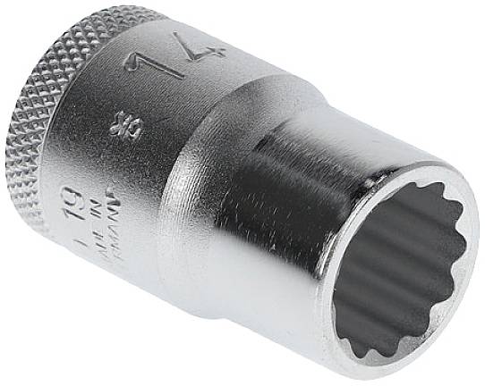 Egy 14 mm-es ezüstös dugókulcs, bordázott fogantyúval és fényes felülettel, fektetve ábrázolva.