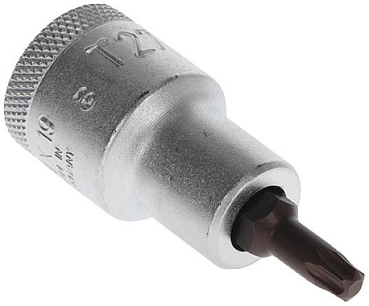 Fém-bit feltét T25 Torx-fejjel, alkalmas csavarozási munkákhoz, közelkép fehér háttér előtt.