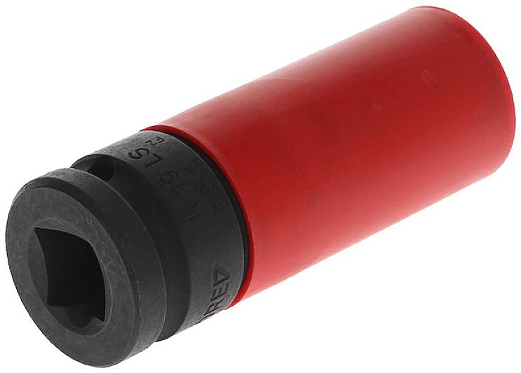 Egy piros műanyag dugókulcs-adapter, felül fekete, nyomatékkulccsal történő használatra.
