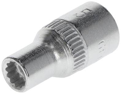 Egy ezüstös csavarkulcs bordázott fogantyúval és 12 oldalú végződéssel, amelyet mechanikai munkákhoz használnak.
